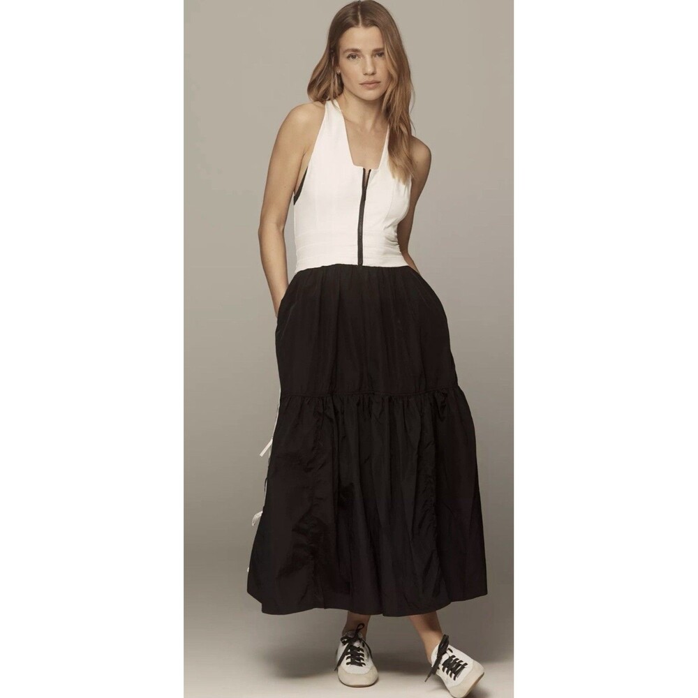 Daily Practice by Anthropologie White/Black Colorblock Zip Front Midi Dress XL